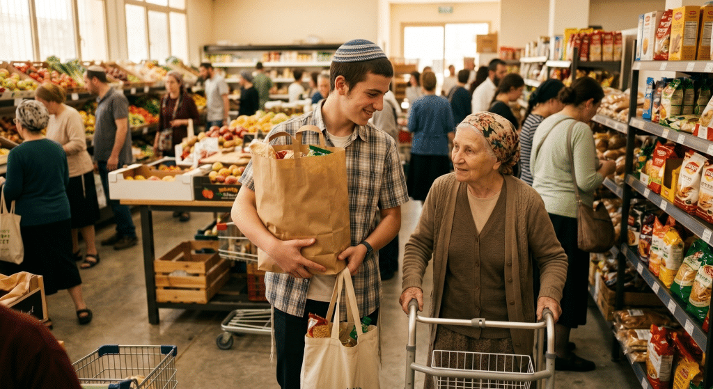 An older woman wearing a brown sweater, pushing a walker in a grocery store, speaking with a young Jewish man who is holding her groceries and smiling